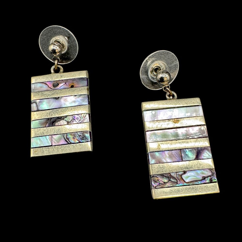 Vintage Alpaca Silver Pierced Earrings Abalone Shells Stripes Mexico